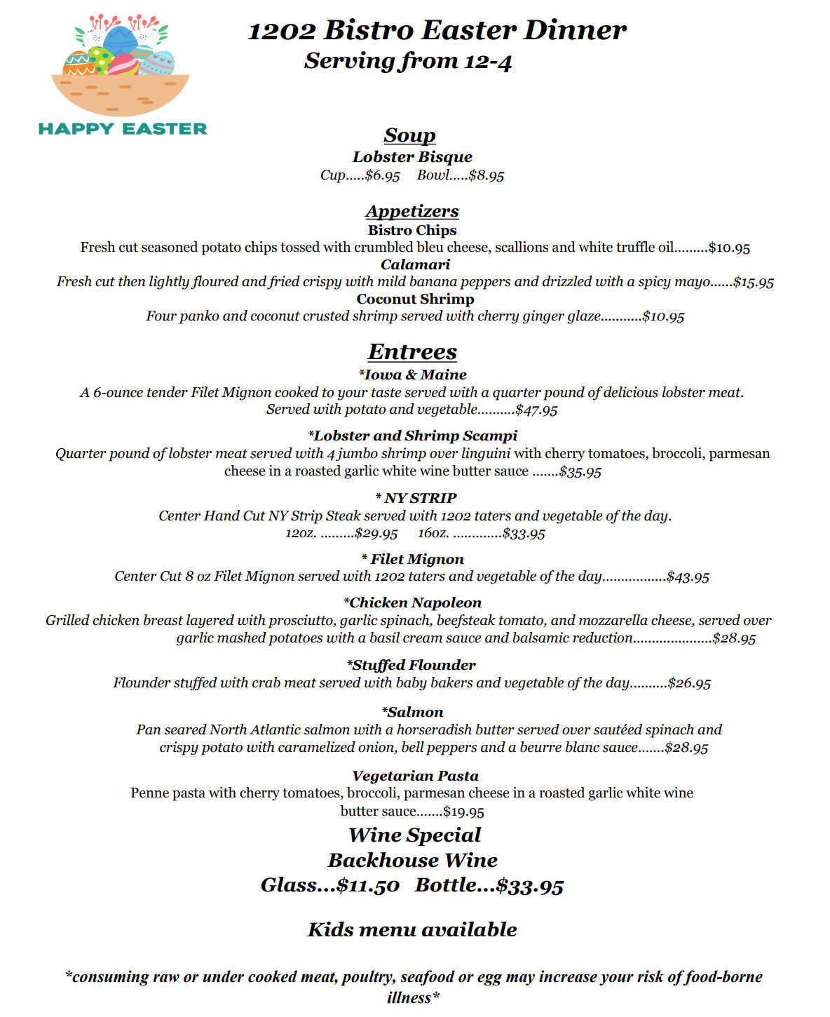 Hotel Wayne Easter Menu Dinner 2025